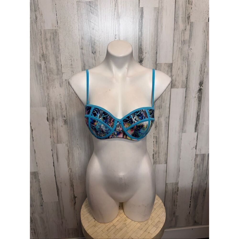 Coral Reef Turquoise Underwire Bikini Top Multicolor Print Swim Top Size M